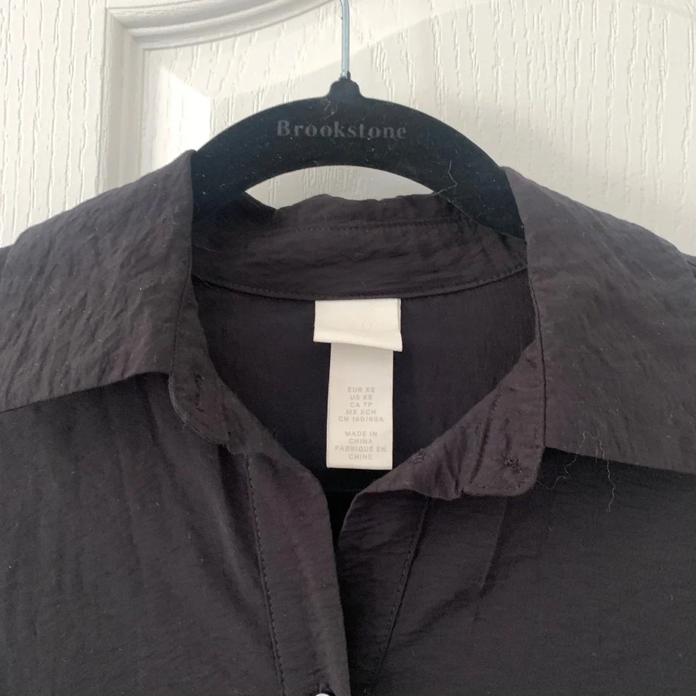 H&M Womens Black Soft Tie Belt Midi Button Shirt Dress Sz XS‎